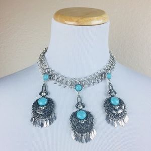 NEW Southwestern Turquoise Silver Tone Statement Necklace Set Rodeo Country